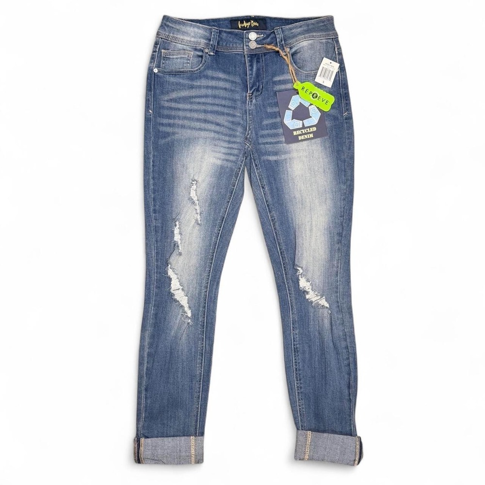 Indigo Rose blue skinny jeans with distressed details, juniors size 9